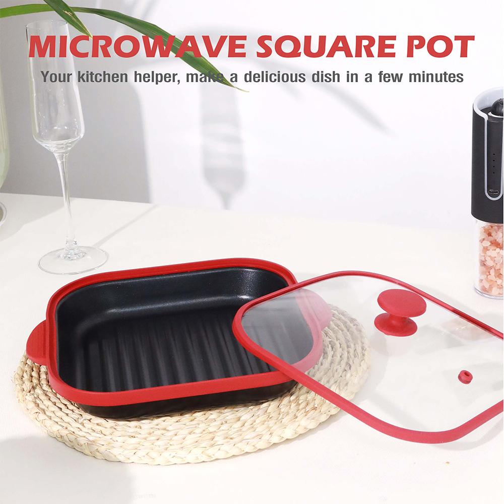 Olla cuadrada con tapa de vidrio para microondas