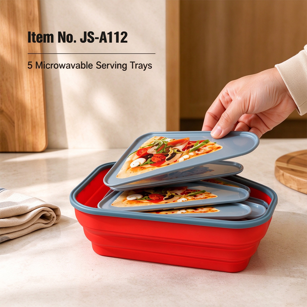 Contenedor de almacenamiento de pizza reutilizable con 5 bandejas para servir disponibles en microondas