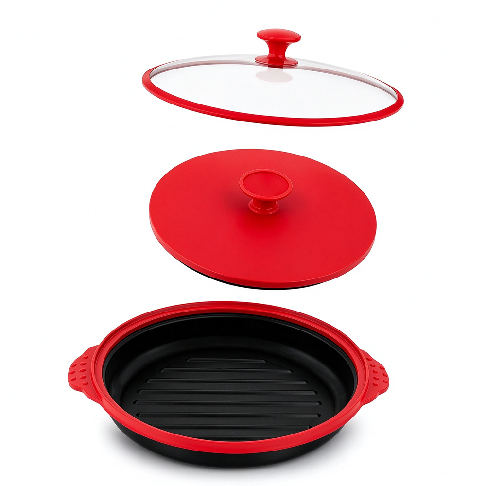 Olla de parrilla redonda con tapa de vidrio para microondas 3 en 1