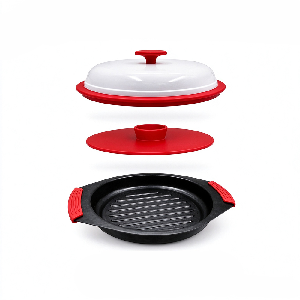 Sartén para parrilla Big-Ear poco profunda para microondas 3 en 1